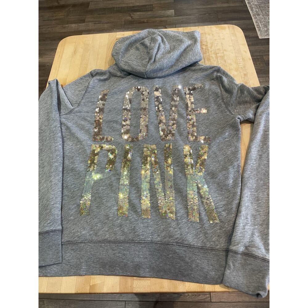 LOVE PINK VICTORIA'S SECRET Spellout Gray Hoodie Ombré - Rose /Gold Sequin Bling